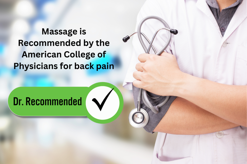 Doctor with a check mark and a quote that says massage is recommended by the american college of physicians